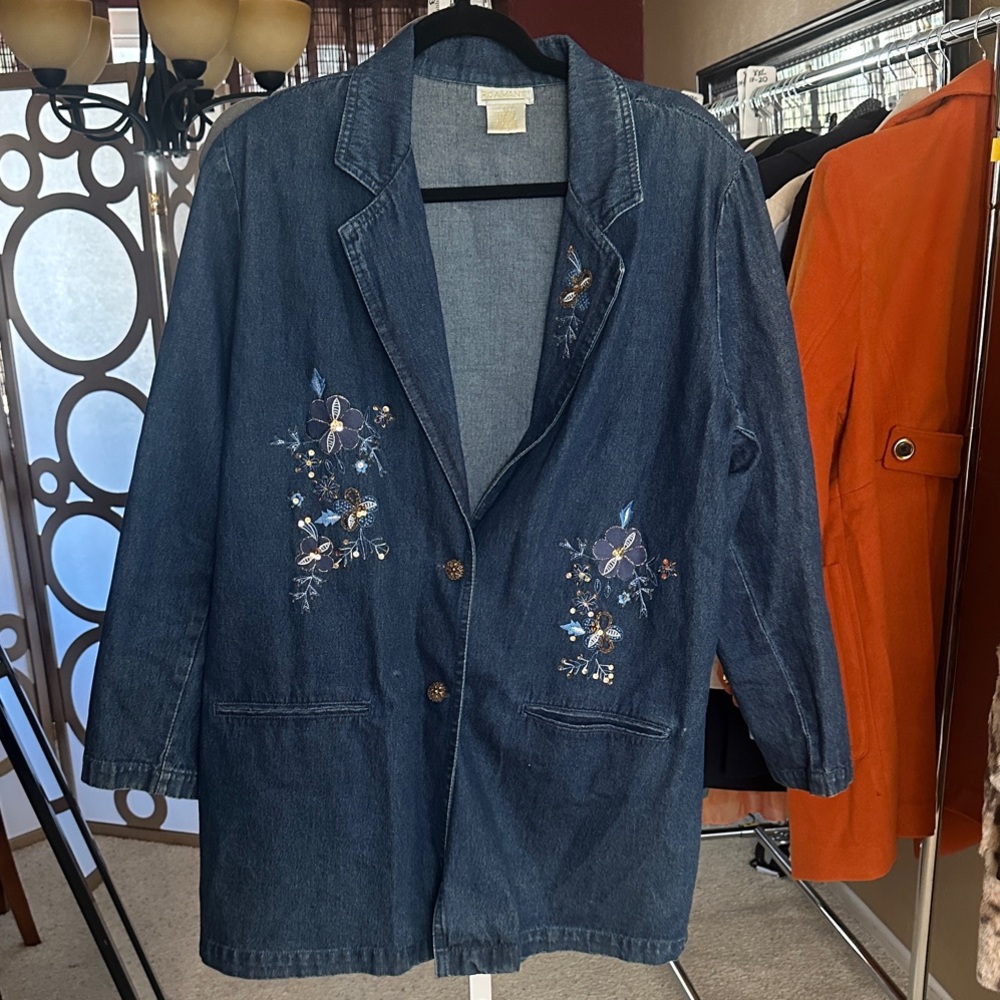 Roaman’s Bee & Floral Embroidered Denim Jacket Beaded Sequin Plus Size 2X